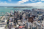 View of the city harbour and Devonport from Sky Tower. Auckland City, Auckland region, North Island, New Zealand.