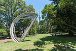 Neil Dawson's sculpture in Albert Park with Sky Tower in the background. Auckland City, Auckland region, North Island, New Zealand.