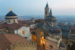 Cathedral of Bergamo with Basilica of Santa Maria Maggiore from above at dusk, Bergamo (Upper town), Lombardy, Italy.