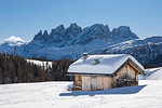 View on the Pale Group (Pale di San Martino) from the small village called Fuciade in San Pellegrino Pass (Soraga di Fassa, Biois Valley, Trento province, Trentino-Alto Adige, Italy, Europe)