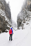 A girl is looking at Sottoguda Serrai Gorge at the foot of Marmolada (Sottoguda, Rocca Pietore, Belluno province, Veneto, Italy, Europe) (MR)