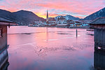 Winter sunrise in Rottach-Egern with the frozen Tegernsee Lake, District Miesbach, Upper Bavaria, Germany, Europe