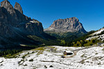 Sasso Lungo from Passo Gardena (Gardena Pass) with snow during summer time, Dolomiti,gardena valley, Trentino Alto Adige, Italy,Europe