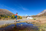 Hiker on footpath, Val Vezzola, Valdidentro, Valtellina, Sondrio province, Lombardy, Italy