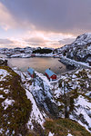 Elevated view of fishing village and sea, Nusfjord, Lofoten Islands, Norway