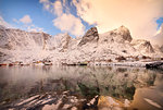 Snow capped mountains, Reine Bay, Lofoten Islands, Norway