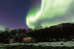 Northern Lights on typical Rorbu, Tovik, Skanland municipality, Troms county, Lofoten Islands, Norway