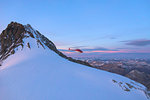 Aerial view of helicopter in flight on Piz Bernina, Valmalenco, Lombardy, border of Italy and Switzerland