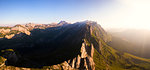 Aerial panoramic of the rocky peak Santis from Schafler at sunset, Appenzell Innerrhoden, Switzerland