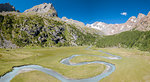 Panoramic of creek and peaks of Monte Disgrazia and Corni Bruciati, Preda Rossa, Valmasino, Valtellina, Lombardy, Italy