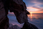 Naturally scalptured rock at sunrise at Lake Baikal, Uyuga cape, Irkutsk region, Siberia, Russia