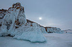 Ice stalactites over an island at lake Baikal, Irkutsk region, Siberia, Russia