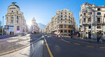 Panoramic of historical buildings at corner of Calle de Alcala and Calle Gran Via, Madrid, Spain, Europe