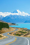 Mount Cook, Highway 80 S curve road and Lake Pukaki, Mount Cook National Park, UNESCO World Heritage Site, South Island, New Zealand, Pacific
