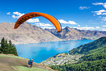 Tandem Paragliding, from Bob's Peak above Lake Wakatipu, Queenstown, Otago, South Island, New Zealand, Pacific