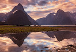 Mitre Peak and Lion Peak sunset reflections, Milford Sound, Fiordland National Park, UNESCO World Heritage Site, Southland, South Island, New Zealand, Pacific