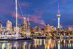 Viaduct Harbour waterfront area and Auckland Marina at night, Auckland skyline, Sky Tower, Auckland, North Island, New Zealand, Pacific