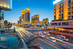 View of traffic and trail lights on The Strip at dusk, Las Vegas Boulevard, Las Vegas, Nevada, United States of America, North America