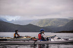 Friends kayaking in lake, Johnstone Strait, Telegraph Cove, Canada