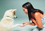 Smiling woman shaking dogs paw