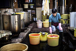 Japanese woman  in a textile plant dye workshop, dyeing pieces of fabric in yellow plastic buckets, wearing rubber gloves.