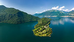 Panoramic aerial view of Piona Abbey (Abbazia Priorato di Piona) and Lake Como, Colico, Lecco province, Lombardy, Italian Lakes, Italy, Europe