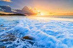 Sunset on waves of the rough sea, Galley Bay Beach, Antigua, Antigua and Barbuda, Leeward Islands, West Indies, Caribbean, Central America