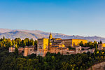 View of Alhambra, UNESCO World Heritage Site, and Sierra Nevada mountains, Granada, Andalucia, Spain, Europe