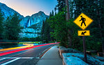 Yosemite Falls and car trail lights, Yosemite National Park, UNESCO World Heritage Site, California, United States of America, North America