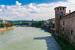 River view with bridge and Castelvecchio castle, a Middle Ages red brick castle on the right bank of River Adige, Verona, Veneto, Italy, Europe