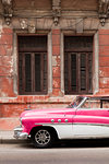 Front half of white and pink old vintage car, Havana, Cuba, West Indies, Caribbean, Central America