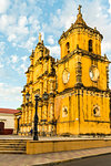 A view of the colourful baroque facade of the Church of the Recollection, Leon, Nicaragua, Central America