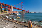 View of Golden Gate Bridge and Fort Point from Marine Drive, San Francisco, California, United States of America, North America