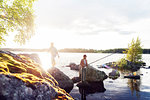 Friends fishing on a lake in Dalarna, Sweden