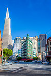 View of Transamerica Pyramid building and Columbus Tower on Columbus Avenue, San Francisco, California, United States of America, North America