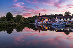 Boats on River Bure at Coltishall after sunset, Norfolk Broads, Norfolk, England, United Kingdom, Europe