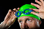 Close up of swimmer with goggles and swimming cap