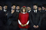 Woman dressed as little red riding hood with businessmen, multiple image