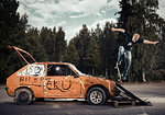 Skateboarding on mini ramp, Noseblunt, Berlin, Germany