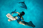 Boy free diving with Atlantic spotted dolphins