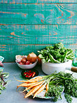 Still life of raw fresh mint, sweet potatoes, baby carrots, chillies, onions, garlic, eschallots, green beans, kale and chard