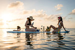 Two young women preparing cocktails on paddleboard at sunset, Islamorada, Florida, USA