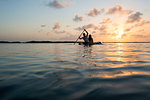 Silhouetted view of three adult friends on paddleboard at sunset, Islamorada, Florida, USA