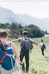Three young adult friends hiking through field, rear view, Primaluna, Trentino-Alto Adige, Italy