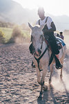 Young hipster man riding horse in sunlit equestrian arena, Primaluna, Trentino-Alto Adige, Italy