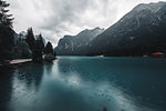 Landscape with lake and snow capped mountains, Dolomites, Italy