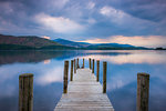 Pier at Derwent Water (Derwentwater) at sunset, Lake District National Park, UNESCO World Heritage Site, Cumbria, England, United Kingdom, Europe