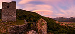 Panoramic of Castello di Domofole at sunset, Costiera dei Cech, Mello, Sondrio province, Lower Valtellina, Lombardy, Italy, Europe