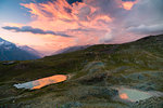 Sunset over the alpine lake of Riffelsee, Zermatt, canton of Valais, Swiss Alps, Switzerland, Europe