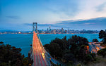 View of San Francisco skyline and Oakland Bay Bridge from Treasure Island at dusk, San Francisco, California, United States of America, North America